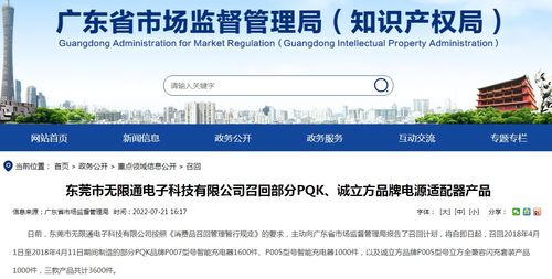東莞市無限通電子科技召回部分PQK誠立方品牌電源適配器產品，上海網絡與信息安全軟件開發